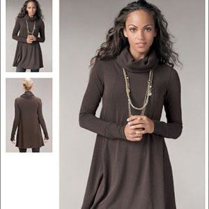 CAbi #596: Dark Brown Fireside Cowl Neck Knit Tunic Swing Dress Long Sleeve, EUC